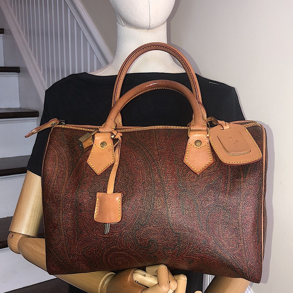 ETRO MILANO Red Paisley Speedy 27cm Small Boston Travel Tote Bag Lock and 2 Keys